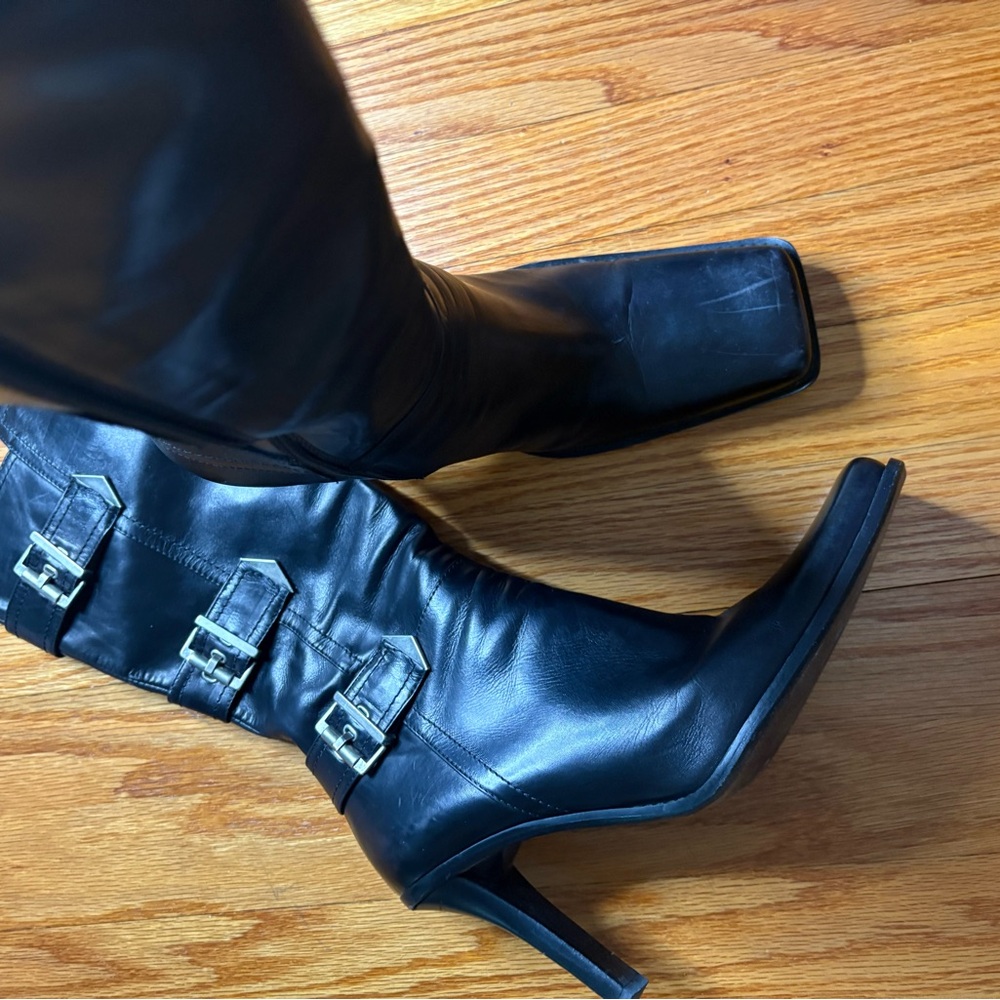 ALDO Made in Italy Black All-Leather Buckle Stiletto Boots – Mid Calf - Picture 7 of 10